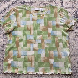 Alfred Dunner Womens Medium Top Short Sleeve Shirt Beaded Ribbed Stretch Blouse